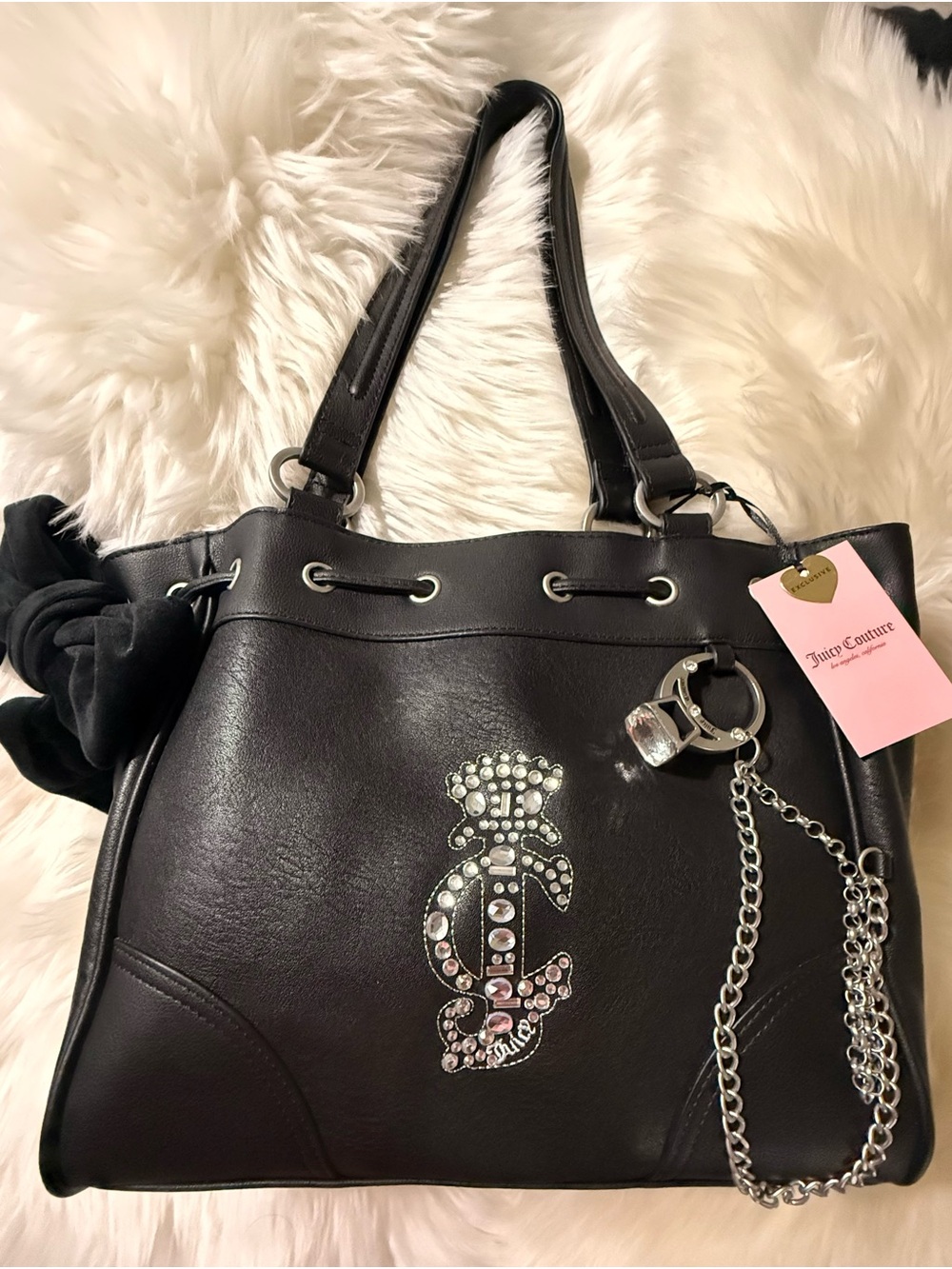 Juicy Couture Black Crystal Logo Chain Accent Shoulder Bag